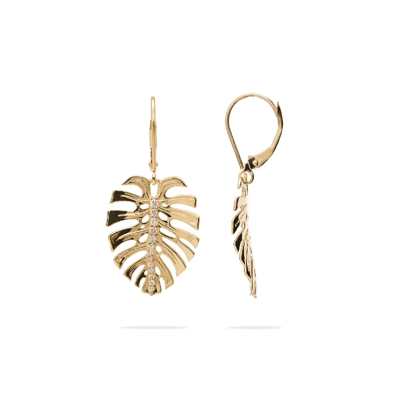 Maximalist Drop Earrings for Bling -Monstera Earrings in Gold with Diamonds - 23mm