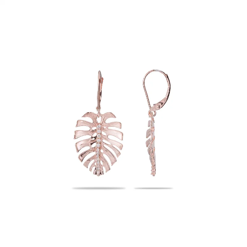 Gothic Drop Earrings with Dark Tone -Monstera Earrings in Rose Gold with Diamonds - 23mm