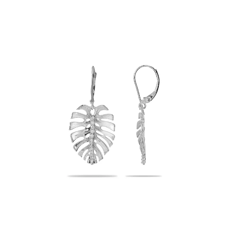 Punk Drop Earrings with Spikes -Monstera Earrings in White Gold with Diamonds - 23mm