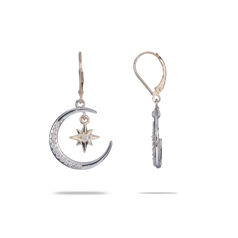 Bohemian Drop Earrings with Tassels -Moon & Star Mermaid Earrings in Two Tone Gold with Diamonds