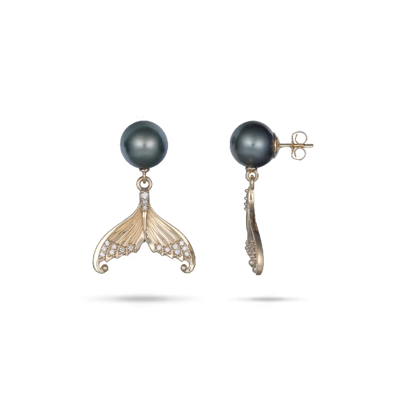 Small Drop Earrings for Delicate -Moon Mermaid Tail Tahitian Black Pearl Earrings in Gold with Diamonds - 9-10mm