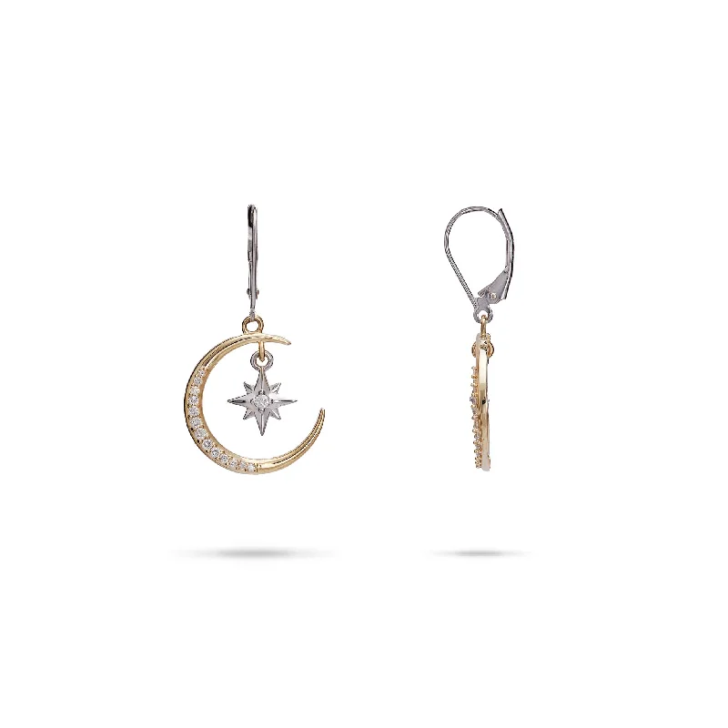 Animal Print Drop Earrings for Fun -Moon & Star Mermaid Earrings in Two Tone Gold with Diamonds