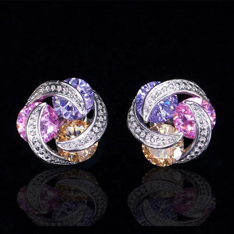 Stud Earrings for Bridesmaids Look -Multicolour CZ Crystal Stud Earrings - Purple Pink Champagne