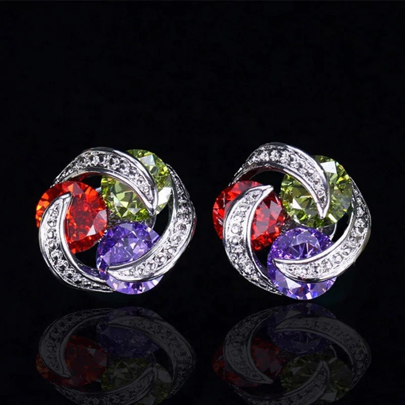 Stud Earrings with Debossed Designs -Multicolour CZ Crystal Stud Earrings - Red Green Purple