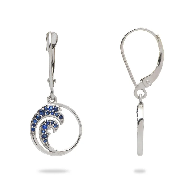 Drop Earrings with Leaf Motifs -Nalu Earrings in White Gold with Blue Sapphires - 12mm