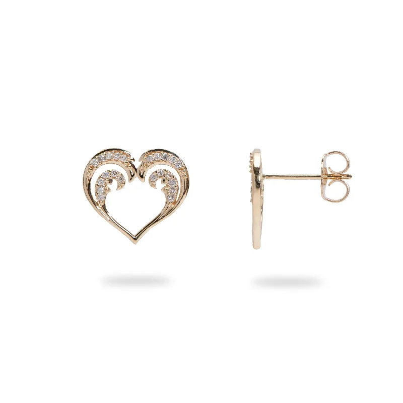 Silver Drop Earrings for Men -Nalu Heart Earrings in Gold with Diamonds - 12mm