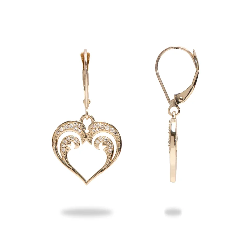 Heavy Duty Drop Earrings for Durability -Nalu Heart Earrings in Gold with Diamonds - 15mm