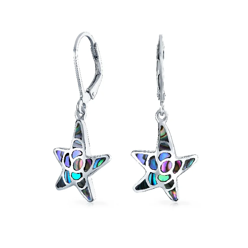 Silver Drop Earrings for Men -Nautical Starfish Dangle Earrings with Abalone Shell Inlay Sterling Silver Lever Back