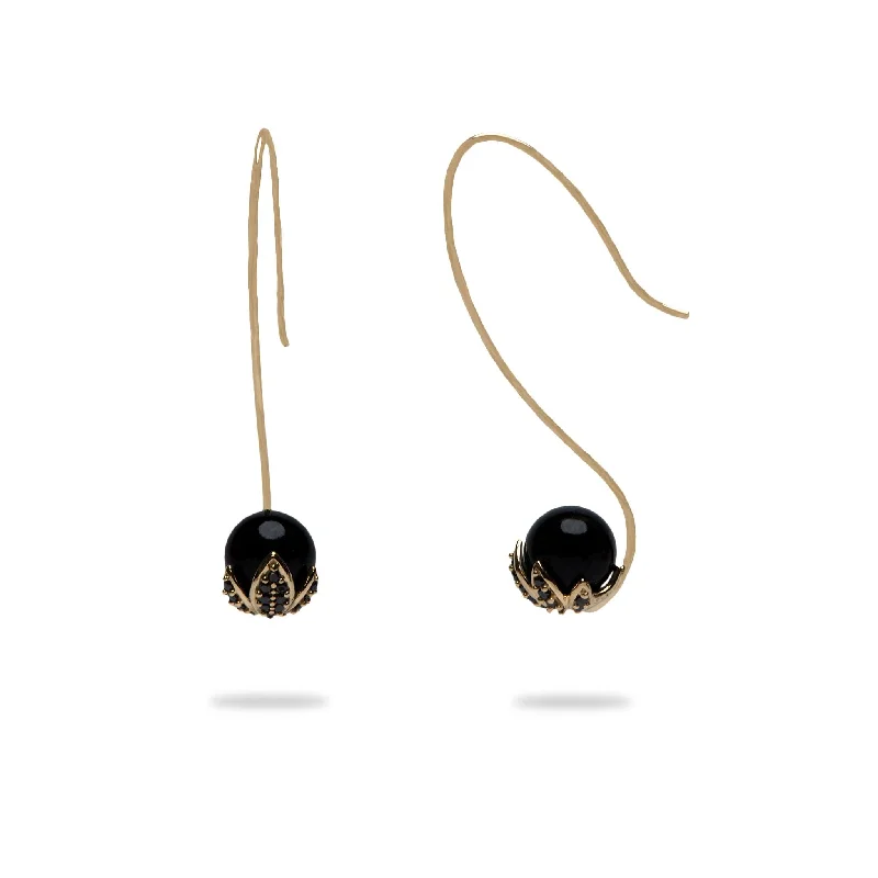 Triangular Drop Earrings for Edge -Night Blossom Black Coral Earrings in Gold with Black Diamonds