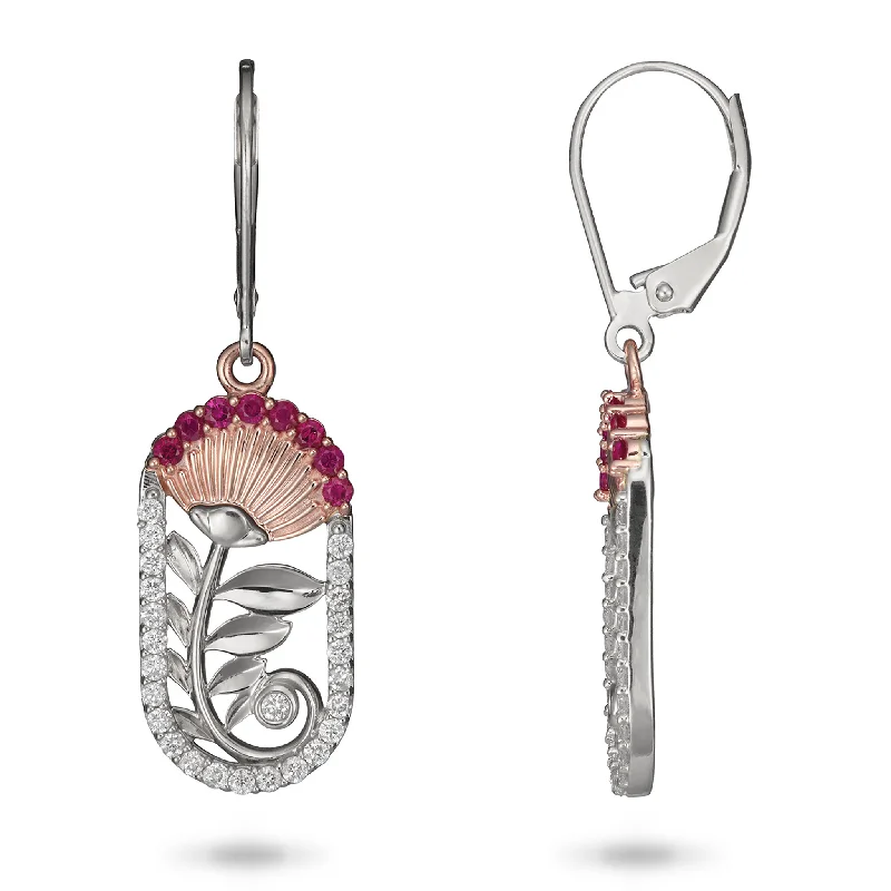 Minimalist Drop Earrings with Simplicity -ʻŌhiʻa Lehua Ruby Earrings in Two Tone Gold with Diamonds - 24mm