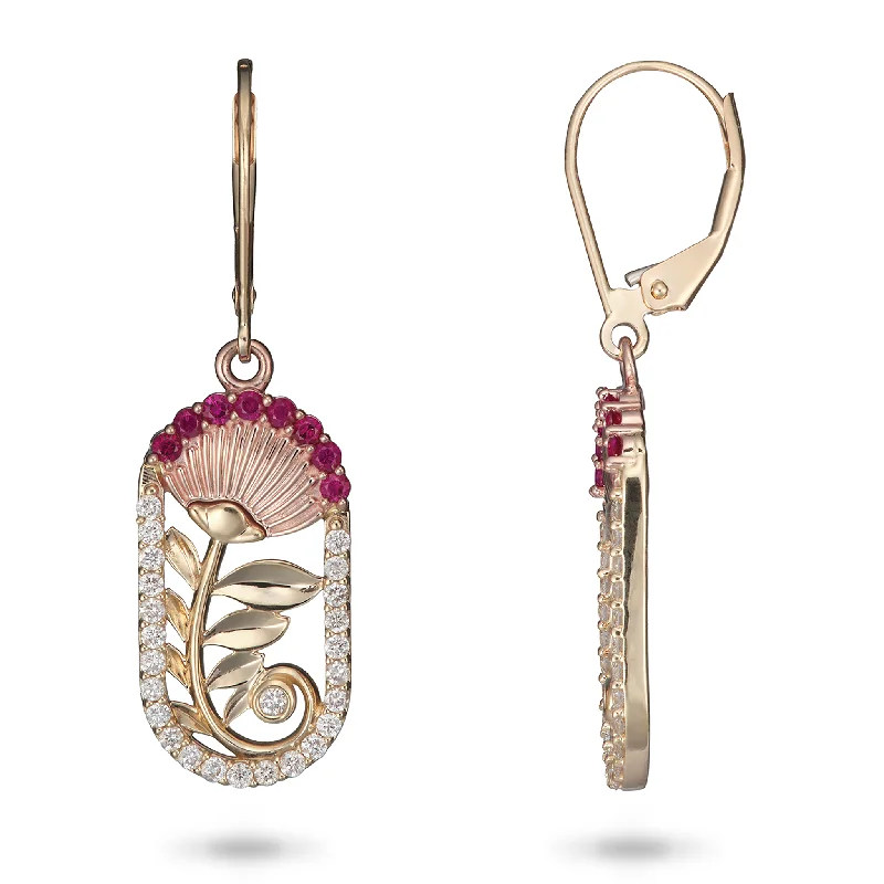 Contemporary Drop Earrings for Fashion -ʻŌhiʻa Lehua Ruby Earrings in Two Tone Gold with Diamonds - 24mm