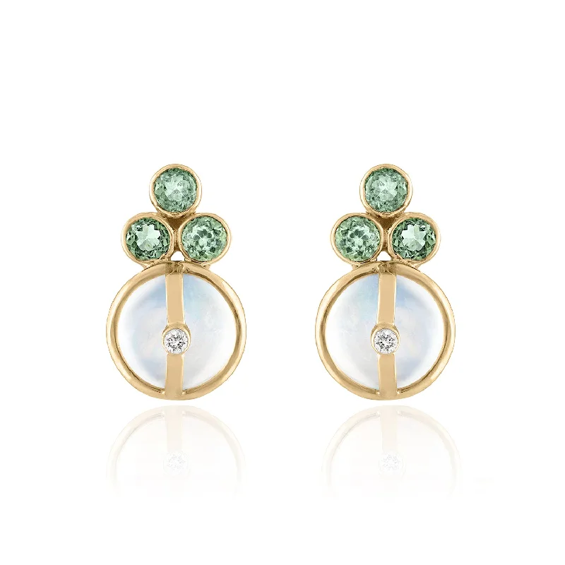 Stud Earrings with Wave Designs -Clover Moonstone and Green Sapphire Stud Earrings