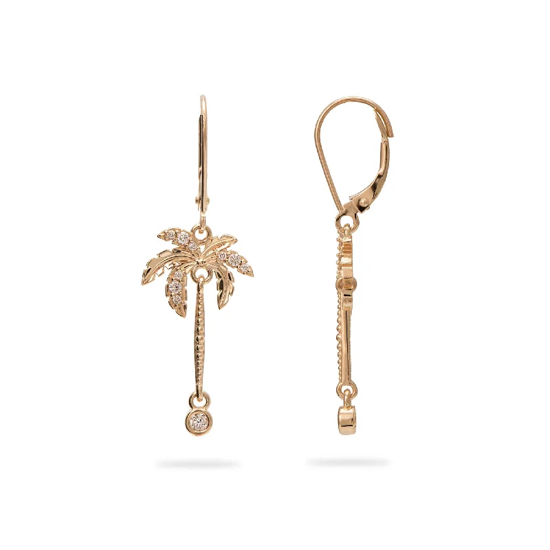 Push Back Drop Earrings for Convenience -Paradise Palms - Palm Tree Earrings in Gold with Diamonds - 24mm