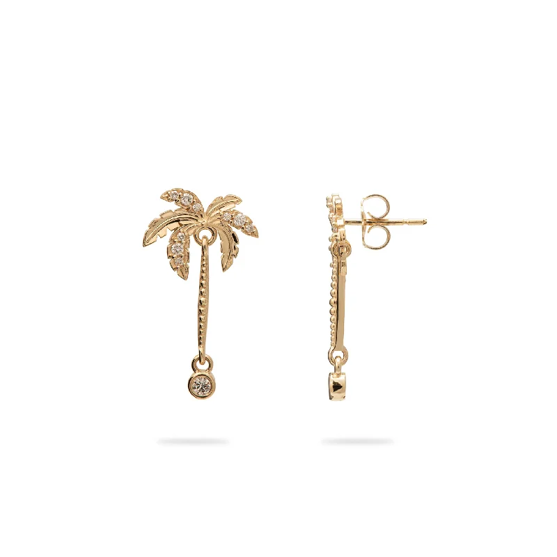 Screw Back Drop Earrings for Security -Paradise Palms - Palm Tree Earrings in Gold with Diamonds - 24mm