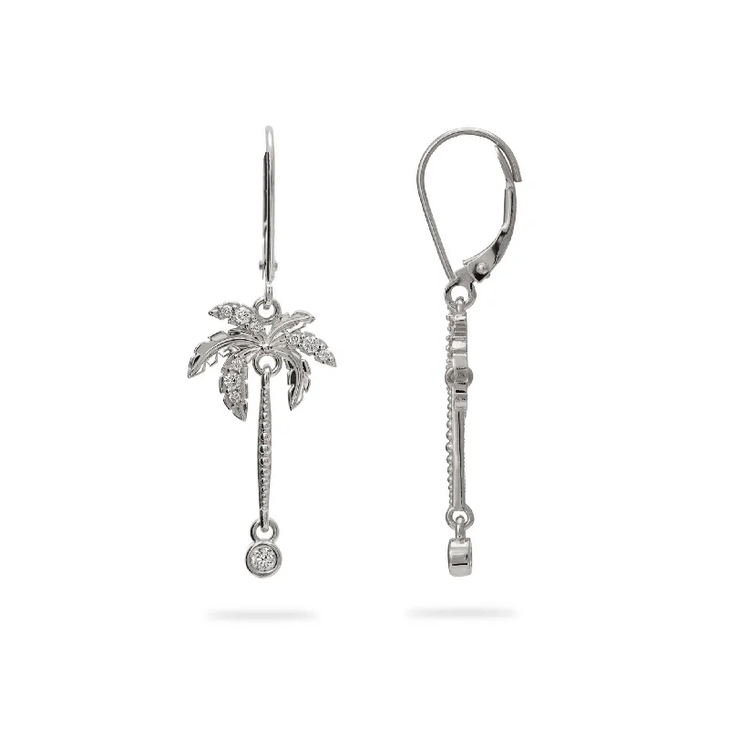 Leverback Drop Earrings for Comfort -Paradise Palms - Palm Tree Earrings in White Gold with Diamonds - 24mm