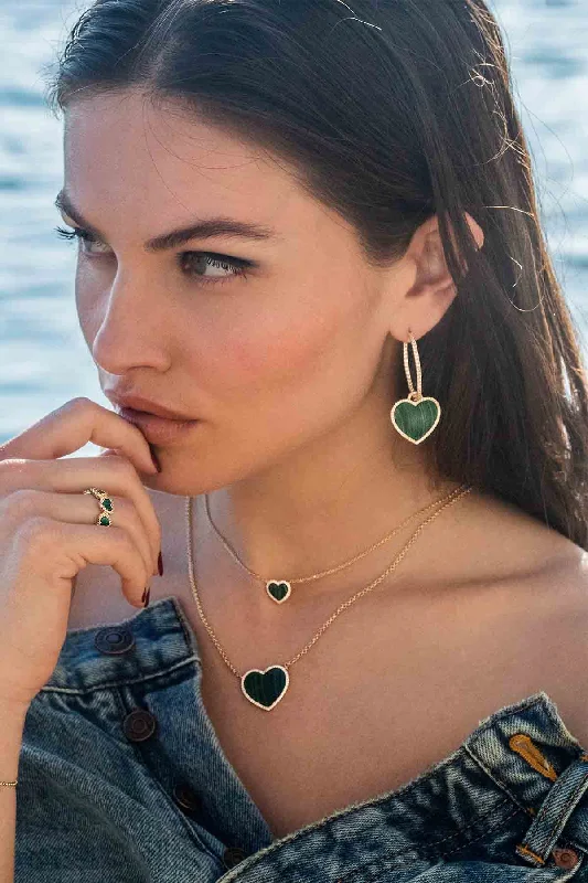 Drop Earrings for Casual Outfit -Pavé Hoop Earrings with Malachite Heart