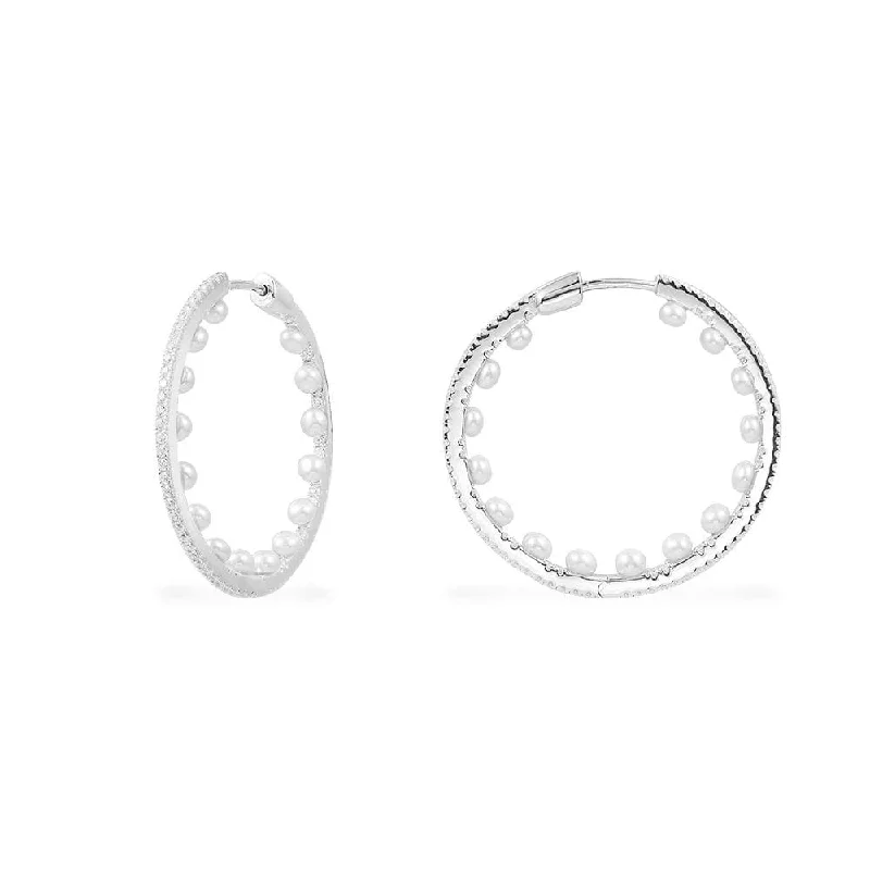 Lightweight Drop Earrings for All Day -Pavé Hoop Earrings with Pearls - Silver