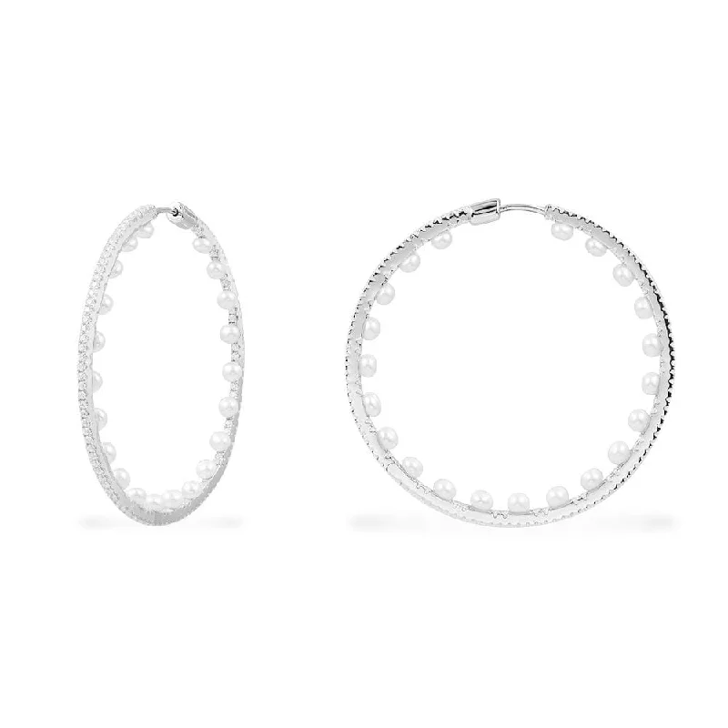 Heavy Duty Drop Earrings for Durability -Pavé Hoop Earrings with Pearls - Silver