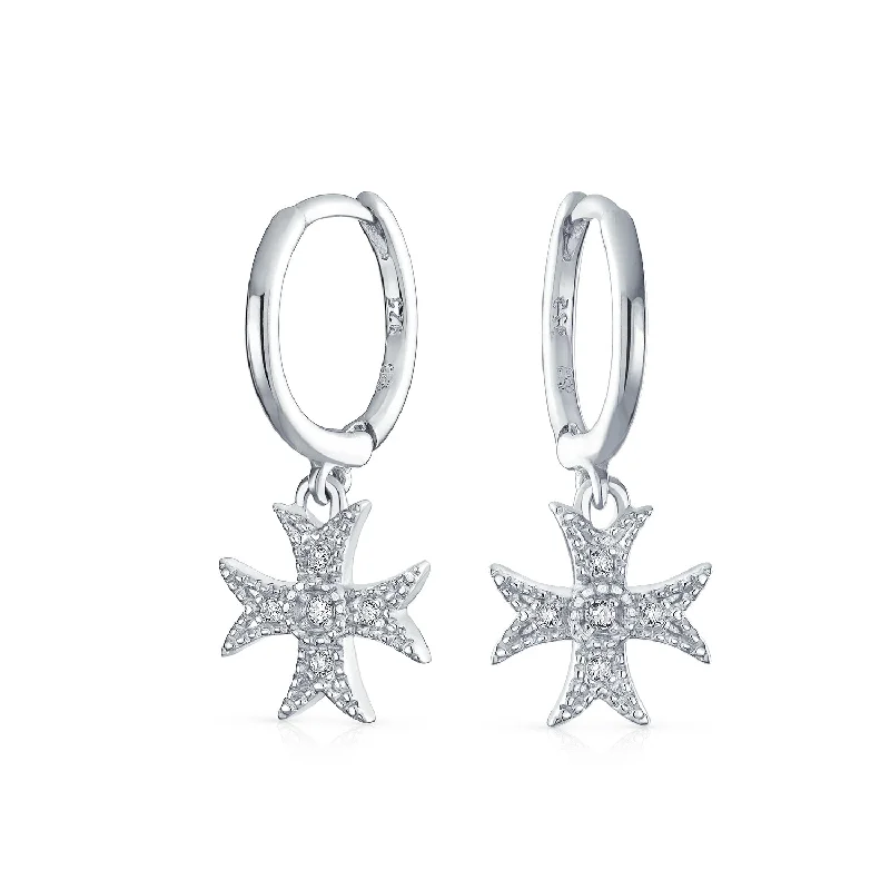 Lead Free Drop Earrings for Health -Pave CZ Dangle Chandelier Earrings with Masonic Knight Templar Cross Charms Silver