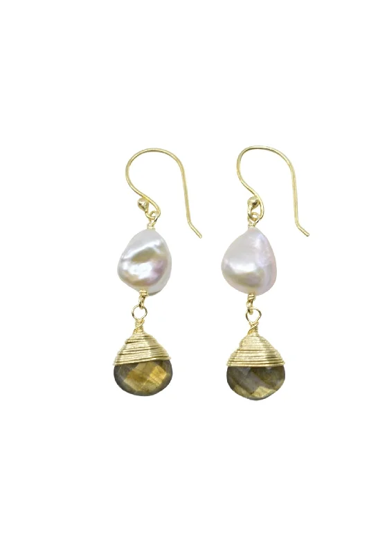 Stud Earrings for Concert Look -Pearl Earring with Hand Wrapped Labradorite Earring