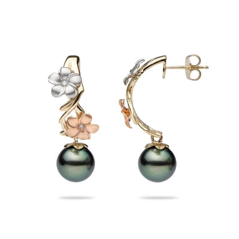 Silver Drop Earrings for Men -Pearls in Bloom Plumeria Tahitian Black Pearl Earrings in Tri Color Gold with Diamonds - 23mm