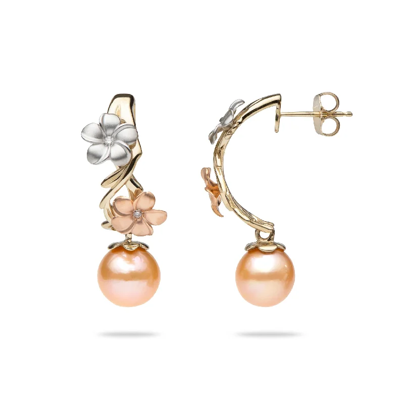 Gemstone Drop Earrings for Color -Pearls in Bloom Plumeria Peach Freshwater Pearl Earrings in Tri Color Gold with Diamonds- 23mm