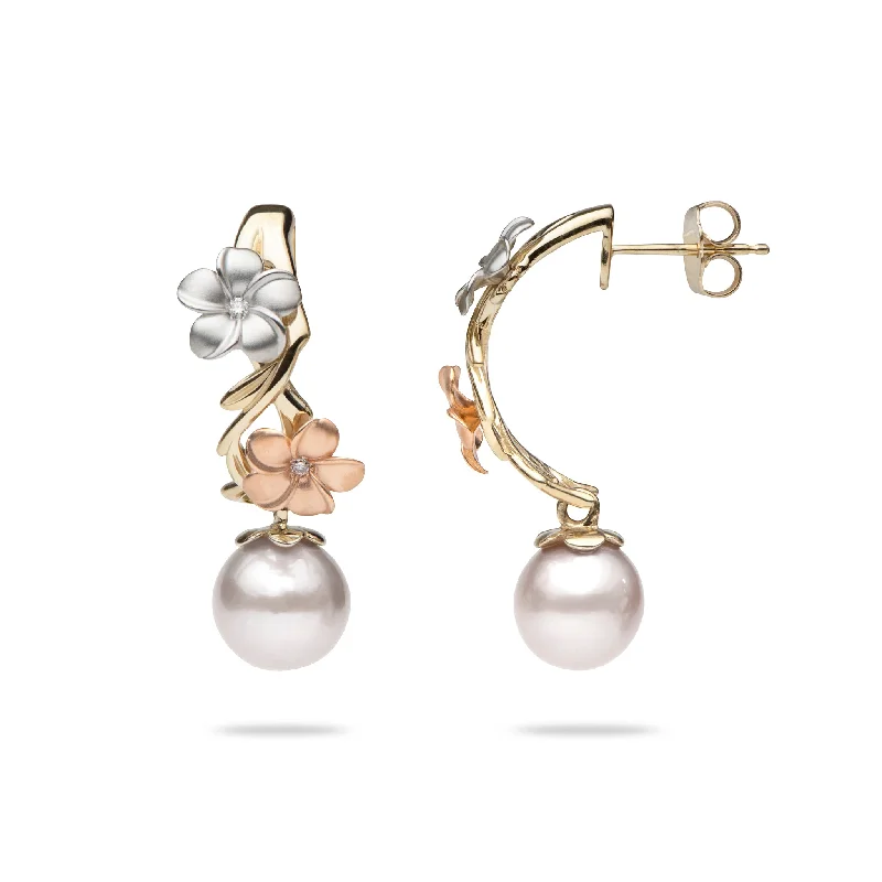 Pearl Drop Earrings for Elegance -Pearls in Bloom Plumeria Akoya White Pearl Earrings in Tri Color Gold with Diamonds - 23mm