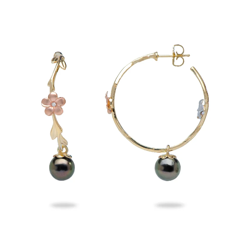 Drop Earrings with Polished Shine -Pearls in Bloom Plumeria Tahitian Black Pearl Earrings in Tri Color Gold with Diamonds - 33mm