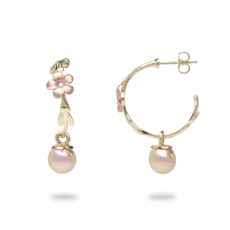 Gold Drop Earrings for Women -Pearls in Bloom Plumeria Peach Freshwater Pearl Earrings in Two Tone Gold with Diamonds - 22mm