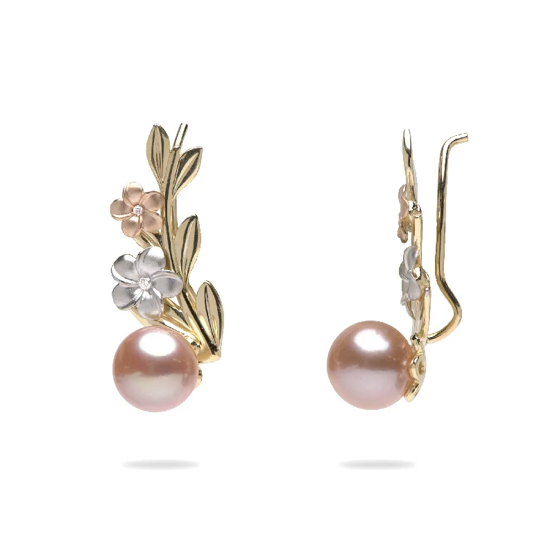 Drop Earrings with Knot Designs -Pearls in Bloom Plumeria Lavender Freshwater Pearl Climber Earrings in Tri Color Gold with Diamonds