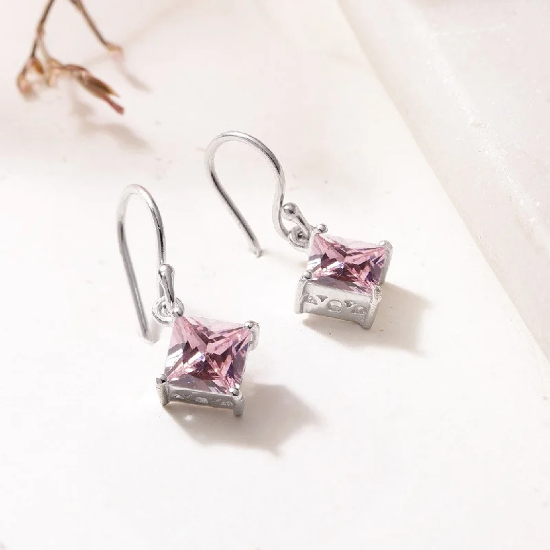 Drop Earrings with Hammered Finish -Enchanted Blush Rhodium Plated Sterling Silver Dangle Earrings with Pink CZ