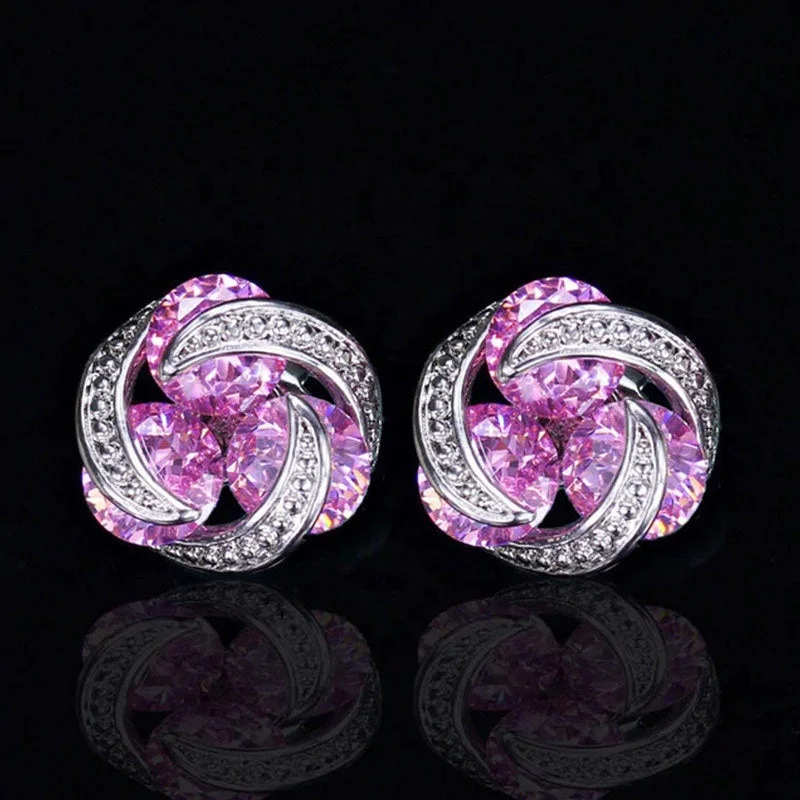 Stud Earrings for Prom Night -Pink CZ Crystal Stud Earrings