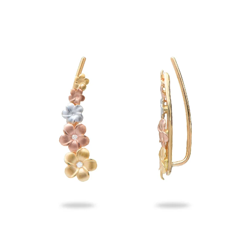 Drop Earrings with Infinity Symbols -Plumeria Climber Earrings in Tri Color Gold with Diamonds - 19mm