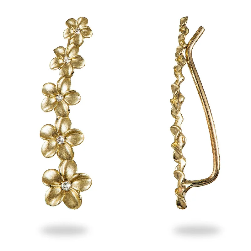 Vintage Drop Earrings with Patina -Plumeria Climber Earrings in Gold with Diamonds - 26mm