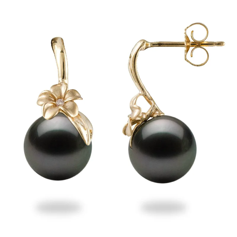 Drop Earrings with Hammered Finish -Plumeria Tahitian Black Pearl Earrings in Gold with Diamonds - 8-9mm