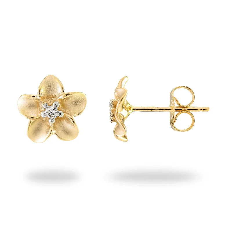 Drop Earrings with Vine Designs -Plumeria Earrings in Gold with Diamonds - 9mm