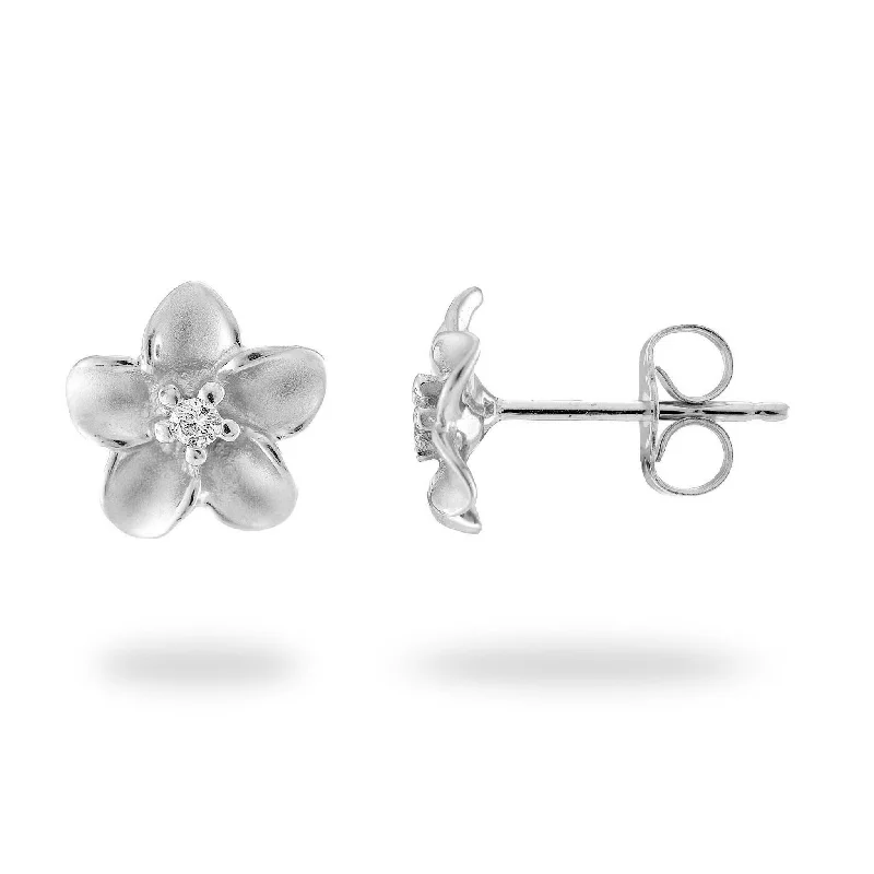 Drop Earrings with Wave Designs -Plumeria Earrings in White Gold with Diamonds - 9mm