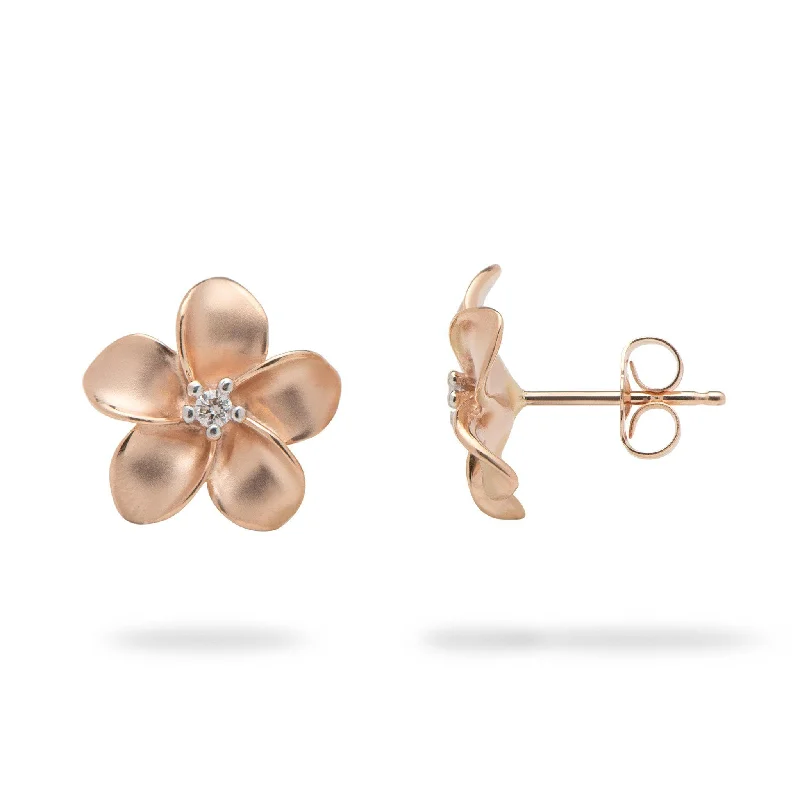 Diamond Drop Earrings for Luxury -Plumeria Earrings in Rose Gold with Diamonds - 13mm