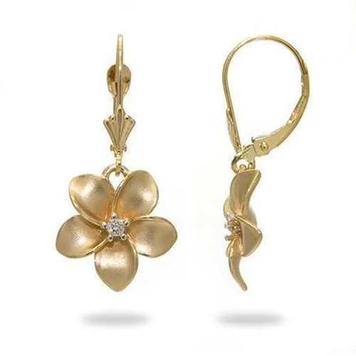 Drop Earrings for Work Attire -Plumeria Earrings in Gold with Diamonds - 13mm