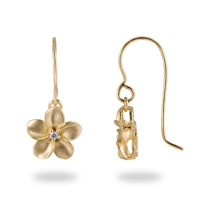 Long Drop Earrings for Dramatic -Plumeria Earrings in Gold with Diamonds - 11mm