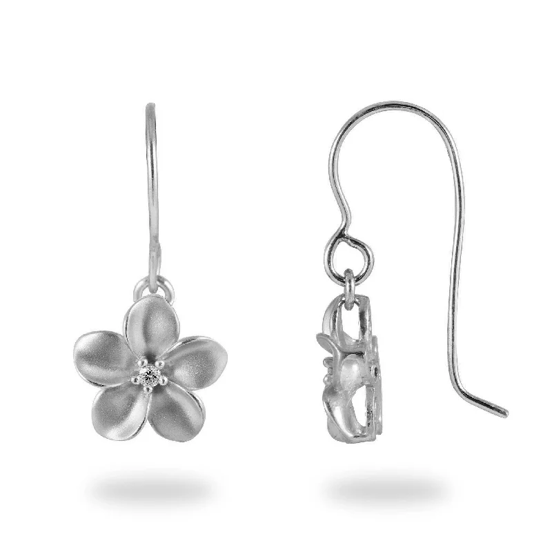 Short Drop Earrings for Subtle -Plumeria Earrings in White Gold with Diamonds  - 11mm