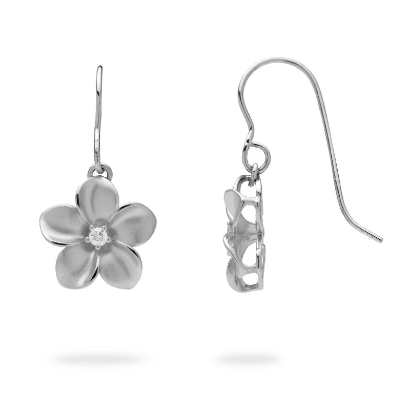 Small Drop Earrings for Delicate -Plumeria Earrings in White Gold with Diamonds - 13mm