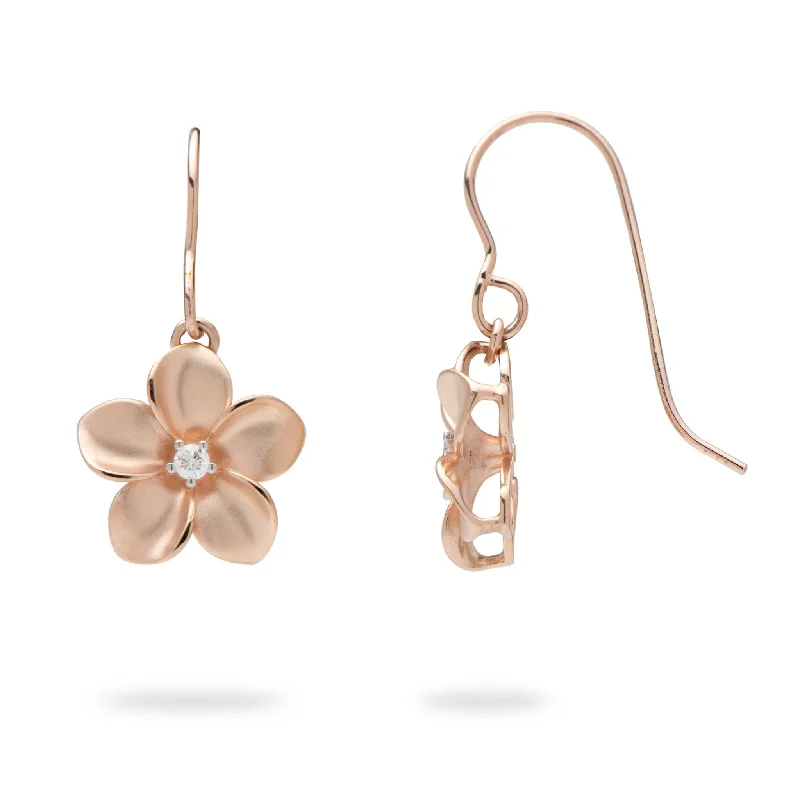 Large Drop Earrings for Statement -Plumeria Earrings in Rose Gold with Diamonds - 13mm