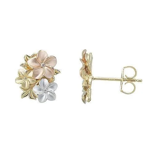 Diamond Drop Earrings for Luxury -Plumeria Earrings in Tri Color Gold with Diamonds