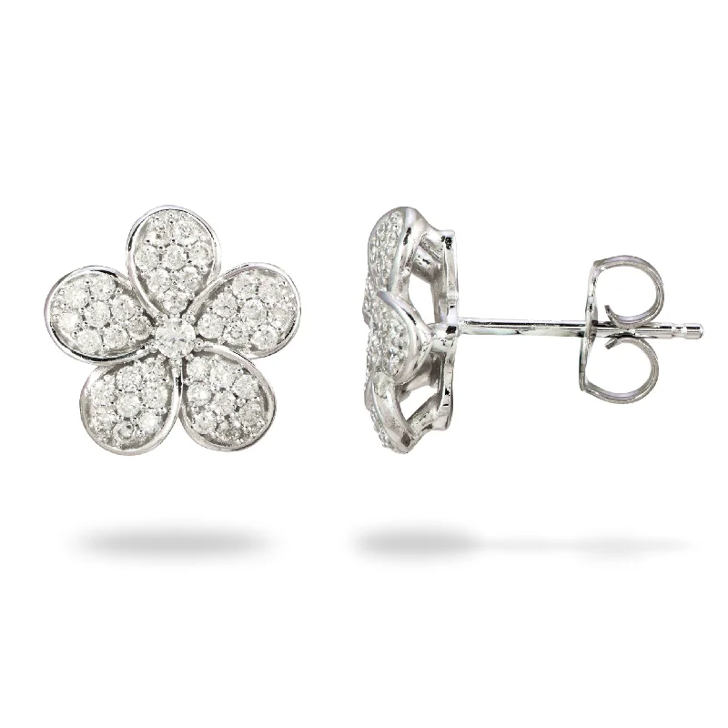 Drop Earrings for Wedding Ceremony -Plumeria Earrings in White Gold with Diamonds - 11mm