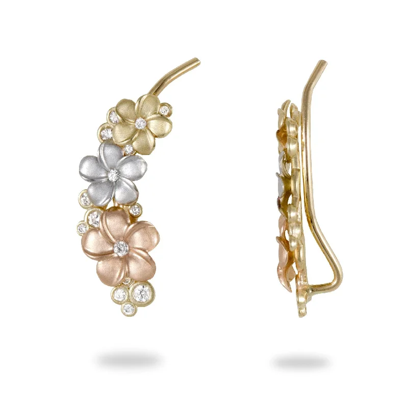 Long Drop Earrings for Dramatic -Plumeria Climber Earrings in Tri Color Gold with Diamonds - 20mm