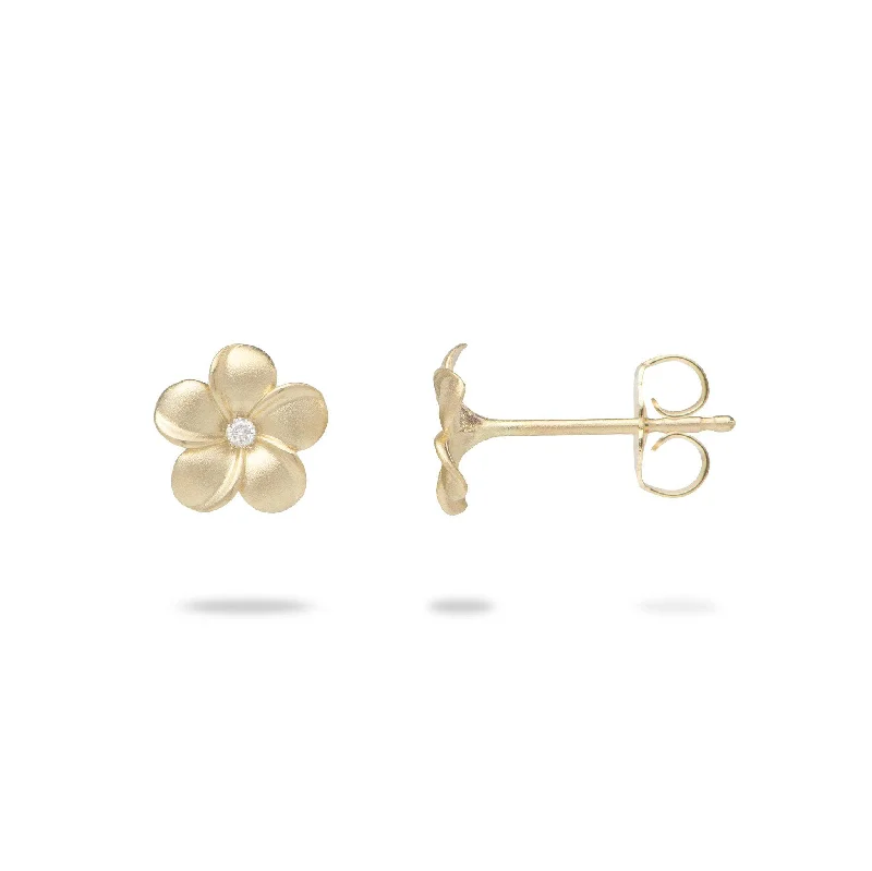 Drop Earrings for Graduation Day -Plumeria Earrings in Gold with Diamonds - 8mm