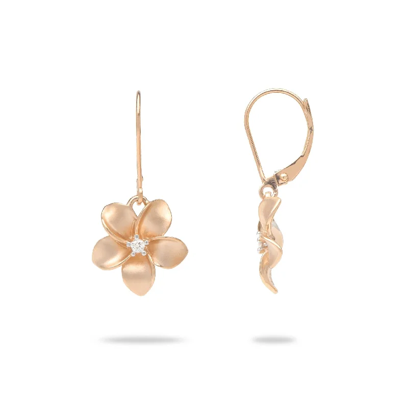 Drop Earrings with Crown Designs -Plumeria Earrings in Rose Gold with Diamonds - 13mm