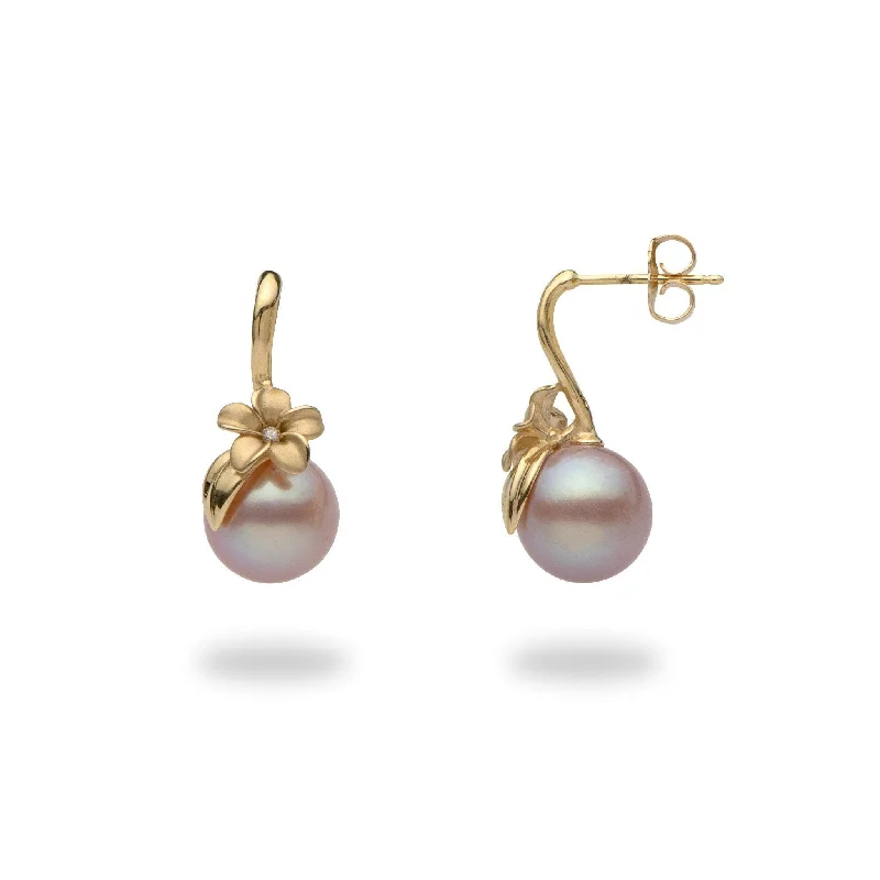 Drop Earrings for Festival Style -Plumeria Lavender Freshwater Pearl Earrings in Gold with Diamonds - 9-10mm