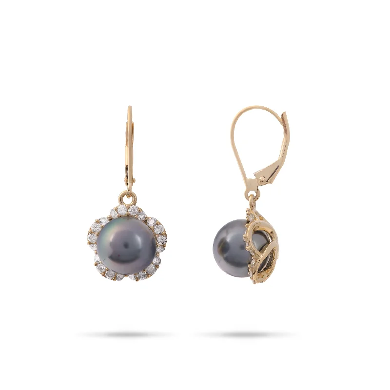 Drop Earrings with Filigree Work -Plumeria Tahitian Black Pearl Earrings in Gold with Diamonds - 9-10mm